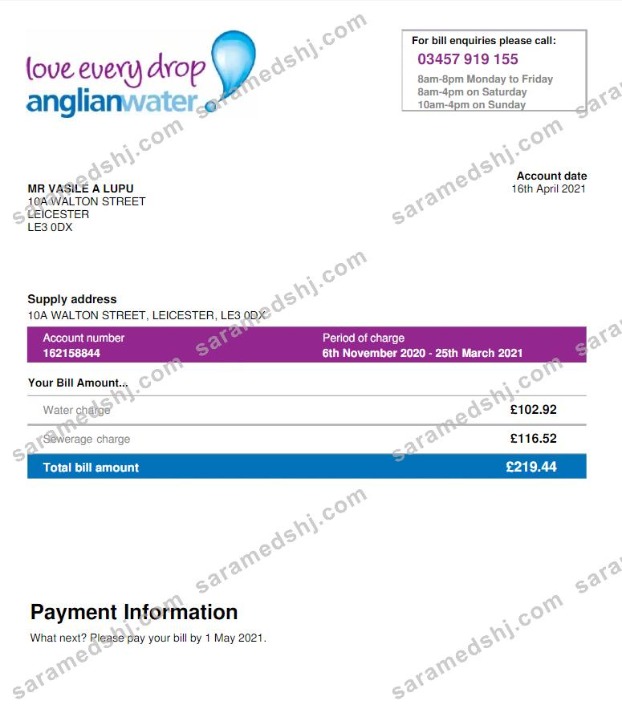 USA ANGLIAN WATER utility bill Word and PDF template